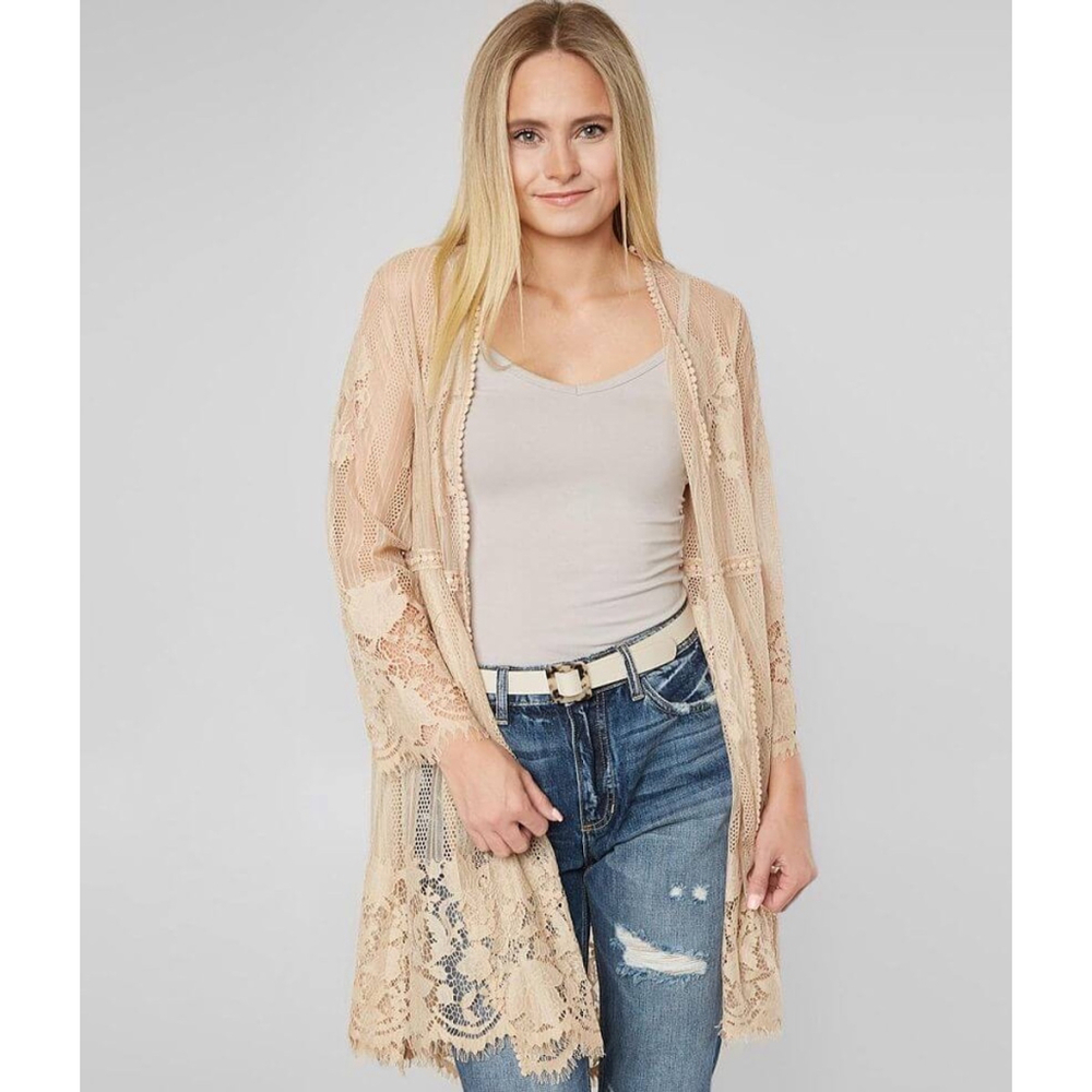 BB-Women's Miss Chievous Lace Cardigan, Beige, Size L